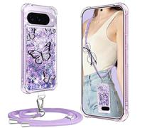 XCYYOO Funda para Google Pixel 10/10 Pro con Cuerda, Liquida Fundas Google 10/10 Pro con Colgante Ajustable Collar Carcasa Transparente Silicona TPU Brillante Antigolpes Protector Case - Morada