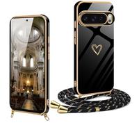XCYYOO Funda para Google Pixel 9 Pro XL con Cuerda Antigolpes Carcasa con Correa Colgante Ajustable Collar de Cuello Fundas con Cordón Silicona Cover de Corazón con Oro de Lujo Case