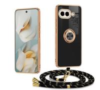 XCYYOO Funda para Google Pixel 9A con Cuerda Antigolpes Carcasa con Cordón Colgante Collar Correa de Cuello Cadena Ajustable Fundas Correa Galvanizado Silicona Anti-Arañazos Case con Soporte, Negro
