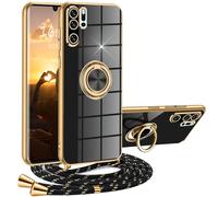 XCYYOO Funda para Huawei P30 Pro con Cuerda, Funda Huawei P30 Pro con Colgante Ajustable Collar Carcasa Correa Silicona TPU Bumper Anti-caída con 360° Anillo Soporte,Negro