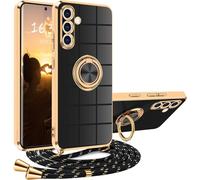 XCYYOO Funda para Samsung Galaxy S24 FE con Cuerda,Funda Samsung S24 FE con Colgante Ajustable Collar Carcasa Correa Silicona TPU Bumper Anti-caída para S24 FE Samsung con 360° Anillo Soporte,Negro