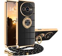 XCYYOO Funda para Xiaomi Redmi A3 con Cuerda y Colgante Ajustable, Carcasa Silicona TPU Bumper Anti-caída con Anillo Soporte 360°, Negro