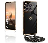 XCYYOO Handykette für OnePlus 12 Hülle mit Band,Handyhülle OnePlus 12 mit Kette Love Design Galvanik Silikon Stoßfest Schutzhülle mit Kordel zum Umhängen Kameraschutz Schwarz
