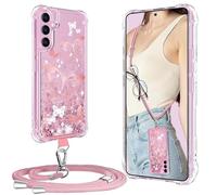 XCYYOO Handykette für Samsung Galaxy S25 FE Hülle mit Band, Handyhülle für Samsung S25 FE Glitzer Schmetterling mit Kette TPU Bumper Kratzfest Transparent Stoßfest Schutzhülle mit Kordel - Rosa