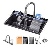 XDCXYD Fregadero De Cocina Inteligente Con Dos Cascadas Fregadero De Acero Inoxidable Fregadero Individual Para Lavar Verduras(90 * 50CM)