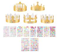 XDGBGFN 25 piezas de papel corona de fiesta sombreros dorados con 635 gemas pegatinas 960 números del alfabeto princesa, príncipe, príncipe, príncipe, 5 estilos de corona