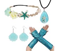 XDGBGFN Disfraz de sirena para mujer, accesorios de sirena, disfraz del mundo submarino con guantes largos azules, accesorios de conchas y estrellas de mar para cosplay, carnaval, fiesta temática