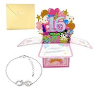 XDGBGFN Regalos de cumpleaños número 16 para niñas, pulsera ajustable con tarjeta de feliz cumpleaños 3D brillante y sobre, regalo creativo en caja de 16 cumpleaños para hija, hermanas, amigas