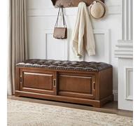 XDOPIRRS Banco Almacenaje Dormitorio de Madera Maciza con Puerta Corredera, Baúl Pie de Cama de Cuero Acolchado para Entrada, Banqueta Zapatero Retro con Asiento de Esponja(Light Walnut,130cm/51.1in)