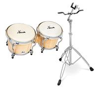 XDrum Bongos Pro Natur - 2 tambores con diámetros de 6,5" (17 cm) y 7,5" (20 cm) - Bongos con parches naturales afinables, llave de afinación y soporte - Tambores de madera en color natural