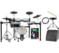 XDrum DD-650 Mesh E-Drum Kit Live Set: batería electrónica con HiHat real, pad caja y bombo de 14" madera, incluye rack, taburete, monitor, cables y baquetas - Black Sparkle.