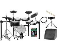 XDrum DD-650 PLUS Mesh E-Drum Kit con HiHat real, pad caja y bombo de 14" madera, 720 sonidos, incluye rack, taburete, monitor, baquetas y escuela - Black Sparkle.