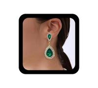 Xduargs Pendientes colgantes de lágrima de cristal bohemio con halo verde de circonita cúbica, aretes ovalados vintage de esmeralda sintética, aretes ovalados para boda, novia, damas de honor, joyería