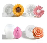 Xecamuvila Juego de 4 moldes de silicona con flores - moldes 3D para colada de rosas, girasoles, claveles y tulipanes, moldes flexibles para velas DIY, jabón, chocolate y resina