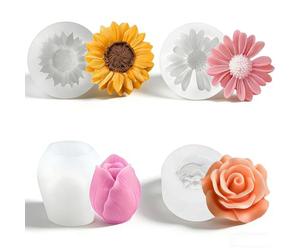 Xecamuvila Juego de 4 moldes de silicona con flores - moldes 3D para colada de rosas, girasoles, claveles y tulipanes, moldes flexibles para velas DIY, jabón, chocolate y resina