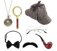 XEERUN Juego de accesorios para disfraz de detective, 7 piezas de accesorios de disfraz de Sherlock Holmes, kits de vestido de fantasía, accesorios de cosplay de detective para carnaval, fiestas de
