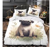 XEFASIDBN Lindo Cachorro de Pug Funda de Edredón Diseño 3D Juego de 3 Piezas Suave Cierre de Incluye Fundas de Almohada Ilustración de Mascota en Acuarela Funda Edredon for Ancianos Single（140x200cm）