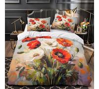 XEFASIDBN Ramo de Amapolas Rojas Funda de Edredón con Fundas de Almohada 3 Piezas Impresión 3D Cierre de Cremallera Oculta Pintura Floral Vibrante Funda Edredon for niños y niñas Single（135x200cm）