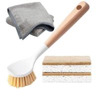 Xemnys Juego de cepillos de lavado, cepillo para platos con mango de madera natural, esponja ecológica compostable para platos de cocina, paño de limpieza de microfibra, cepillo para fregar platos,