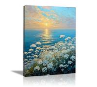 XENIOU - Póster de la naturaleza, pintura de flores a orillas del mar, decoración del hogar, cuadro de tela, decoración de pared, dormitorio, cuarto de baño, cocina, oficina (azul, 60 x 90 cm)