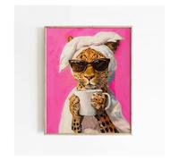 XENITE Cuadro sobre Lienzo Cuadro Moderno De Leopardo Bebiendo Café De La Mañana, Lienzo Impreso De Dopamina Colorida, Póster, Imagen para Decoración del Hogar Y La Sala De Estar(50x70cm)