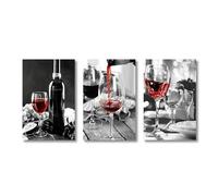 XENITE Cuadro sobre Lienzo Póster De Cocina, Imagen De Botella Y Vino Tinto Bebida Blanca Y Negra, Cuadro sobre Lienzo para Pared Decoración para Comedor Y Restaurante(3 Piezas,50x70cm)