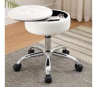 Xenothos Taburete giratorio con almacenamiento para sala de maquillaje, taburete para tocador con ruedas, altura ajustable, piel sintética, color blanco