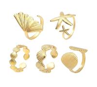 XENQITO 5 Piezas Juego de Anillos Mujer, Anillo Oro Mujer, Anillos Dorados Mujer, Anillos de Concha de Estrella Mar, Abierto Anillo Ola de Mar Acero Inoxidable Dorado, Simple Ajustables para Niñas