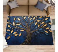 XEODIAT Alfombra de hojas azules y doradas, 60 x 90 cm, pintura al óleo de árboles para sala de estar, dormitorio, alfombra de noche con hojas doradas, alfombra para comedor, fácil de limpiar