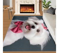 XEODIAT Alfombra de perro maltés, color blanco, con lazo rosa, antideslizante, para sala de estar, dormitorio, comedor, granja, lavandería, baño, 50 x 80 cm