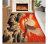 XEODIAT Alfombra de suelo con diseño de sol rojo que se eleva sobre el mar, alfombra de suelo con olas rugientes, felpudo para sala de estar, decoración del hogar, alfombras de grullas blancas