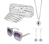XEPST 4 Piezas Disfraces de Disco Plata Años 70 Mujer 1970s Set de Accesorios Con Sombrero de Lentejuelas, Pendientes Bola de Discoteca, Gafas de Sol, Collares Años 70S 80S
