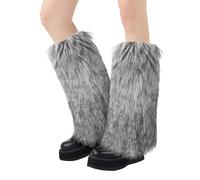 XEPST Calentadores de Piernas para Mujer, Piel Sintética Calentador de Piernas Puños Peludos Botas Cubiertas, Legwarmers Calentador de Pierna de Tobillo de Moda de Invierno, Gris + Blanco