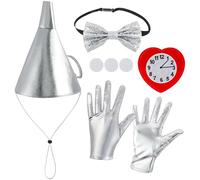 XEPST Conjunto de accesorios para disfraz de hojalata de Halloween - Disfraz de Sombrero de Embudo Plateado con Sombrero de Embudo, Pajarita, Guantes, Broche de Reloj de Corazón para Mujer Cosplay