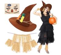 XEPST Disfraz de Espantapájaros de Halloween para Mujer - Juego de Accesorios de 7 PIEZAS con Sombrero de Espantapájaros, Kits de Rafia para Adultos, Cosplay de Halloween