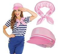 XEPST Sombrero de Capitán para Mujer-Conjunto de Accesorios de Disfraz de Marinero de 2 PIEZAS con Bufanda de Sombrero de Marinero Rosa Claro para Disfraz de Halloween, Disfraz de Cosplay para Mujer