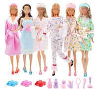 Xerteam 25 piezas de ropa y accesorios para muñecas, compatible con muñeca Barbie con 5 pijamas de moda, bata de baño, 3 pantuflas, 4 pañuelos para la cabeza, 1 toalla de baño, 12 accesorios de baño