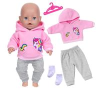 Xerteam 4 piezas de ropa de muñeca bebé para muñecas de 14 a 18 pulgadas, bonita ropa de muñeca de dibujos animados con capucha de pony rosa, pantalones grises, calcetines y percha, regalo de ropa de