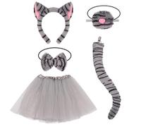Xerteam 5 accesorios de disfraz de gato atigrado para niñas, disfraz de gato gris con diadema, corbatín, falda tutú, cola, disfraz de animales para el Día Mundial del Libro, carnaval, cosplay,