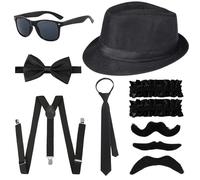 Xerteam Disfraz de 10 piezas para hombre de los años 20, accesorios de Gatsby para hombre con sombrero negro retro clásico, tirantes, gafas, corbata, corbata, barba, brazalete, ligas, conjunto de