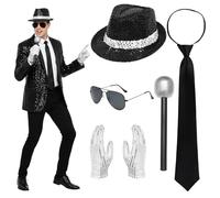 Xerteam Disfraz de estrella del pop de los años 80, disfraz de Rockstar para adultos, sombrero con lentejuelas, guante, corbata, gafas de sol, micrófono, disfraz King of Pop para carnaval, Halloween