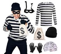 Xerteam Disfraz de ladrón para adultos, conjunto de disfraz de ladrón para adultos, trajes de ladrón con rayas blancas y negras, máscara de ojos, guantes, bolsa de lona, sombrero para el Día Mundial