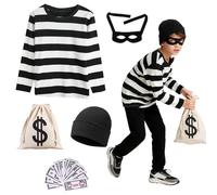 Xerteam Disfraz de ladrón para niños, conjunto de disfraz de ladrón para niños, trajes de ladrón con sombrero de rayas blancas y negras, máscara de ojos, bolsa de lona, billetes falsos para cosplay