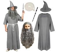 Xerteam Disfraz de mago gris para adultos, disfraz de mago medieval con bata de mago, cinturón, peluca, sombrero de barba larga, varita para Halloween, carnavales, fiesta de cosplay