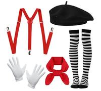 Xerteam Disfraz pantomime para mujer y hombre, disfraz de carnaval, boina negra, bufanda roja, medias a rayas blancas y negras, guantes blancos, tirantes, disfraz de carnaval, Negro, blanco, rojo,