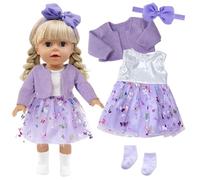Xerteam Ropa de muñeca morada de 4 piezas para muñecas 38-45 cm, accesorios y abrigo, vestidos y calcetines, cinta para cabeza de mariposa