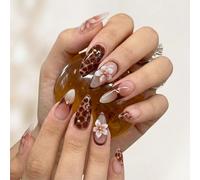 XETHI 24 Uñas Postizas Brillantes 3D Flores & Estampado Cocodrilo Marrón | Uñas Falsas Largas Almendra Nude & Chocolate Reutilizables para Mujer Diario & Fiesta