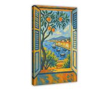 XFATGIA Cuadro moderno de exposición, naranja, paisaje costero, barco, lienzo, póster para decoración de dormitorio, oficina, habitación, regalo, 12 x 18 pulgadas (30 x 45 cm)