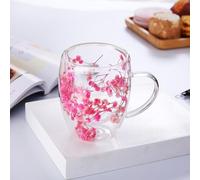 Xfeyaqlo 350ml Vaso Doble Pared, Vasos Cafe Cristal Flores Secas, Bonitos Taza Cristal Cafe Vasos de Te (E)