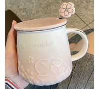 Xfeyaqlo Taza Conejo Flor de Cerezo 420ml, Bonita Sakura Con Cuchara y Tapa, Café Cerámica, Buena Opción de Regalo (Rosa)
